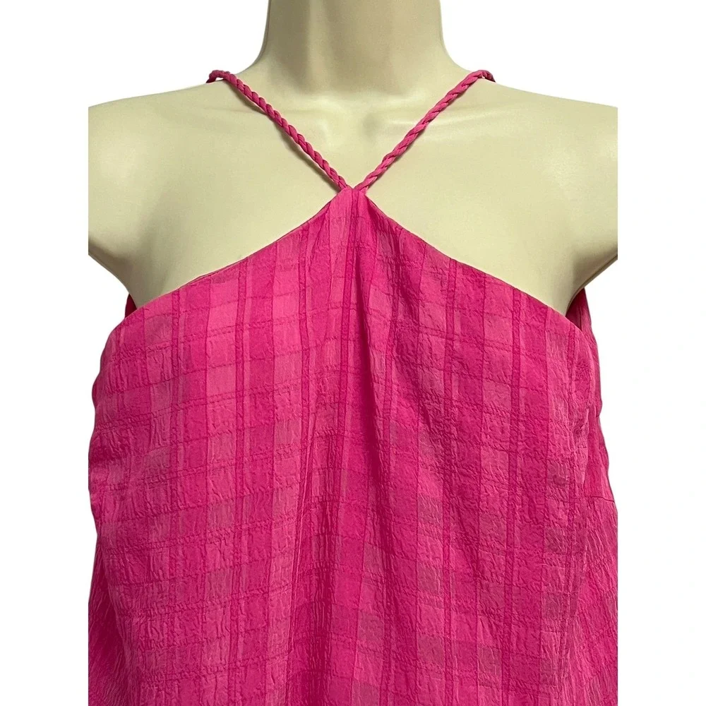Gilli Tiered Halter Mini Dress Womens Large Pink Plaid Braided Straps Boho Girly